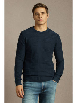 Louis Philippe - Men Navy Blue Solid Round Neck Full Sleeves Sweater