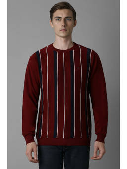 Louis Philippe - Men Maroon Striped Round Neck Full Sleeves Sweater