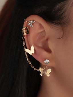 OOMPH - Jewellery Combo of 3 Single Piece Gold Butterfly & Crystal Ear Cuff Earrings
