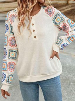 Oh Rare - Women Long Sleeve Round Neck Button Printed Top