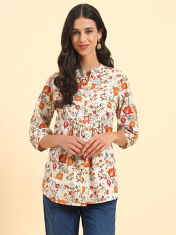 Cantabil - Women Off White 3/4 Sleeves Printed Casual Top