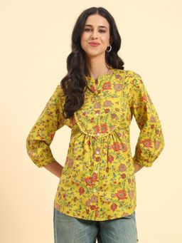 Cantabil - Women Mustard 3/4 Sleeves Printed Casual Top