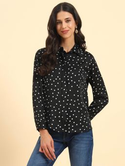 Cantabil - Women Black Full Sleeves Polka Dots Casual Shirt