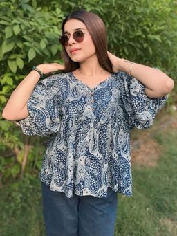 PEPPINOS - Blue Paisley Printed Cotton Peplum Top With Puff Sleeves