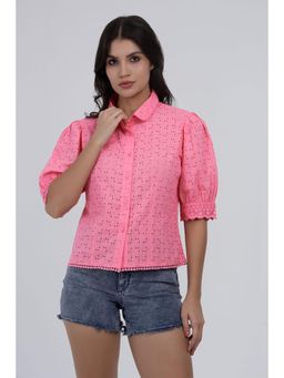 PEPPINOS - Pink Cotton Eyelet Puff Sleeve Shirt