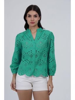 PEPPINOS - Green Eyelet Embroidered Cotton Shirt With Scalloped Hem