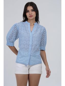 PEPPINOS - Sky Blue Eyelet Embroidered Cotton Shirt With Puff Sleeves