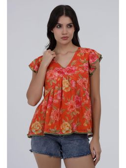 PEPPINOS - Orange Floral Printed Flared Cotton Top With Cap Sleeves
