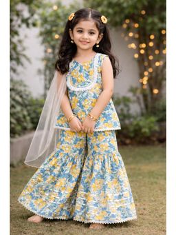 Pankhuri by Priyanka - Girls Blue Block Printed Sharara Set With Dupatta
