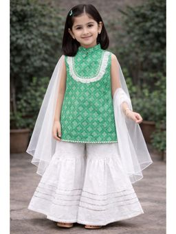 Pankhuri by Priyanka - Girls Green Block Printed Sharara Set With Dupatta