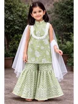 Pankhuri by Priyanka - Girls Green Block Printed Sharara Set With Dupatta