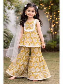Pankhuri by Priyanka - Girls Yellow Block Printed Sharara Set With Dupatta