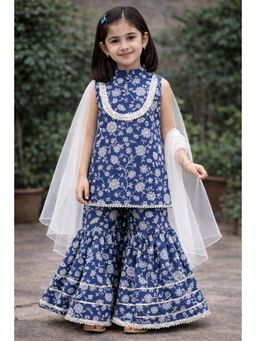 Pankhuri by Priyanka - Girls Blue Block Printed Sharara Set With Dupatta