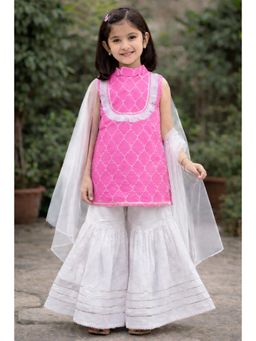 Pankhuri by Priyanka - Girls Pink Block Printed Sharara Set With Dupatta