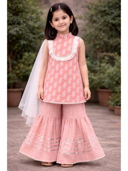 Pankhuri by Priyanka - Girls Peach Block Printed Sharara Set With Dupatta