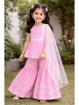 Pankhuri by Priyanka - Girls Pink Block Printed Sharara Set With Dupatta