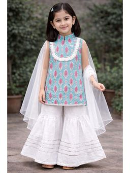 Pankhuri by Priyanka - Girls Blue Printed Sharara Set With Dupatta