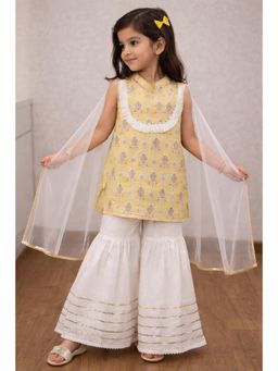 Pankhuri by Priyanka - Girls Yellow Block Printed Sharara Set With Dupatta