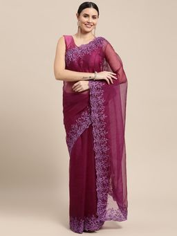 Vastranand - Wine Organza Cutwork Design Party Wear Saree with Unstitched Blouse