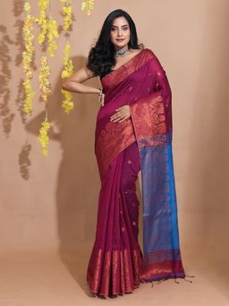 CHARUKRITI - Magenta Cotton Blend Handwoven Zari Motifs & Floral Borders Saree with Unstitched Blouse