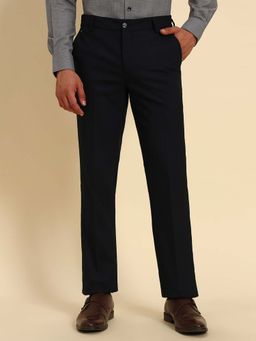 Cantabil - Men Navy Blue Textured Regular Fit Formal Trouser