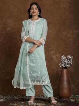 Gahan - Womens Green Chanderi Silk Embroidery Kurta & Crepe Pant with Dupatta
