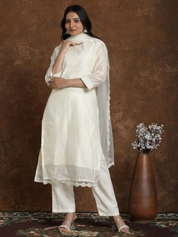 Gahan - Womens Chanderi Cotton Silk Yoke Embroidery Kurta & Crepe Pant with Dupatta