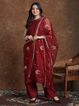 Gahan - Womens Maroon Silk Blend Embroidery Kurta & Pant with Organza Dupatta