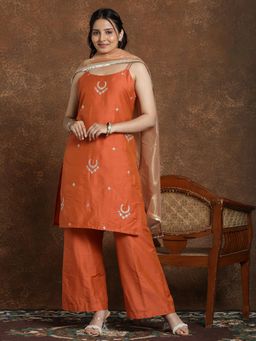 Gahan - Womens Rust Silk Blend Embroidery Kurta & Crepe Palazzo with Dupatta