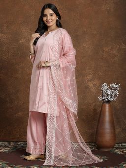 Gahan - Womens Pink Silk Blend Embroidery Kurta & Crepe Palazzo with Dupatta