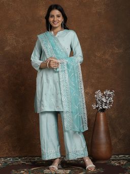 Gahan - Womens Aqua Silk Blend Embroidery Kurta & Crepe Palazzo with Dupatta