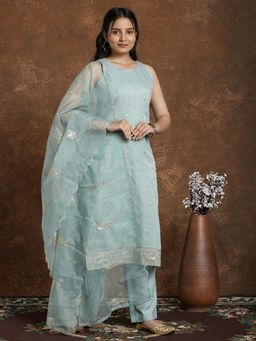 Gahan - Womens Aqua Chanderi Cotton Embroidery Kurta & Crepe Pant with Dupatta