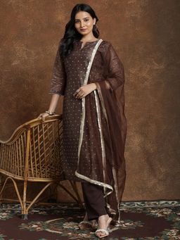 Gahan - Womens Brown Chanderi Cotton Foil Printed Kurta with Silk Crepe Pant & Dupatta