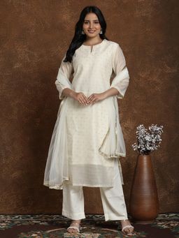 Gahan - Womens Off White Chanderi Cotton Foil Printed Kurta with Silk Crepe Pant & Dupatta
