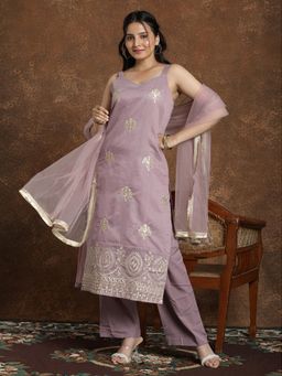 Gahan - Womens Purple Silk Blend Embroidery Kurta with Crepe Pant & Dupatta