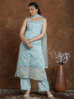 Gahan - Womens Aqua Silk Blend Embroidery Kurta with Crepe Pant & Dupatta