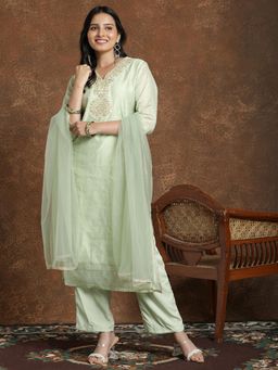 Gahan - Womens Green Chanderi Cotton Silk Embroidery Kurta with Crepe Pant & Dupatta