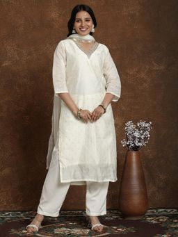 Gahan - Womens Off White Chanderi Silk Zari Embroidery Kurta with Crepe Pant & Dupatta