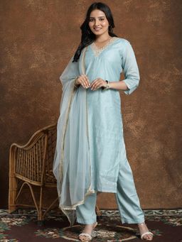 Gahan - Womens Aqua Chanderi Silk Zari Embroidery Kurta with Crepe Pant & Dupatta