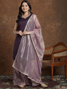 Gahan - Womens Burgundy Vichitra Silk Lace Border Kurta & Palazzo with Shimmer Dupatta