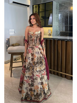 Old Marigold - Maha Beige Sequinned Corset Blouse and Lehenga with Dupatta