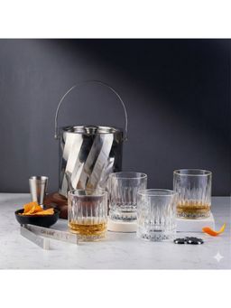 Car-O-Bar - Gift set Rippled Finish Ice Bucket & Tong with Whiskey Glasses & Peg Measurer