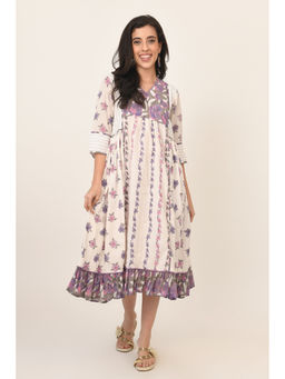 Naina Arunima - Lavender Pure Cotton Floral Block Printed Panel Dress