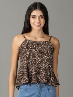 SHOWOFF - Womens Shoulder Straps Coffee Brown Printed Top