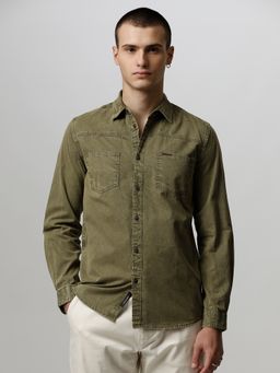 The Bear House - Men Green Faded Slim Fit Cotton Denim Casual Shirt
