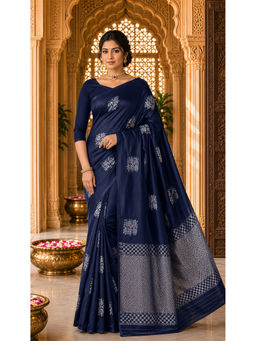 AMRUTKALA SAREES - Navy Blue Designer Banarasi Silk Kanjivaram Saree with Unstitched Blouse