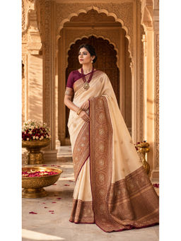 AMRUTKALA SAREES - Cream Designer Banarasi Silk Kanjivaram Saree with Unstitched Blouse