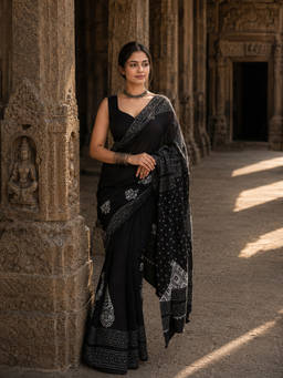AMRUTKALA SAREES - Black Designer Linen Printed Saree with Unstitched Blouse