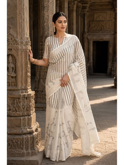 AMRUTKALA SAREES - White Designer Linen Printed Saree with Unstitched Blouse