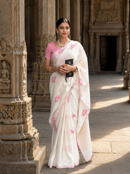 AMRUTKALA SAREES - Pink Designer Linen Printed Saree with Unstitched Blouse